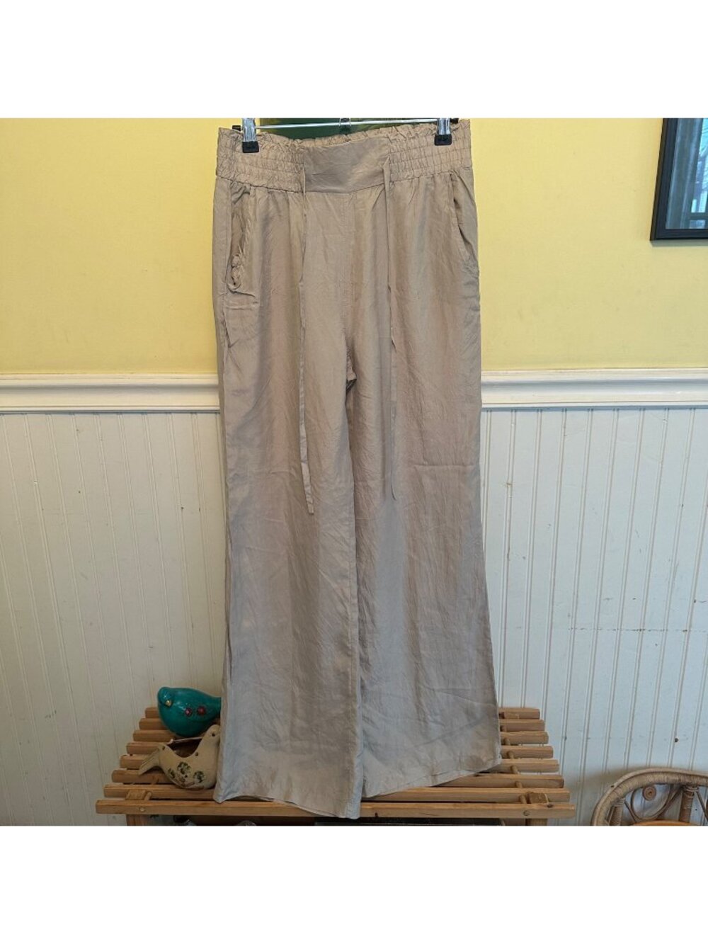 Vivenne Tam XS Silk Wide leg pull on pants olive green